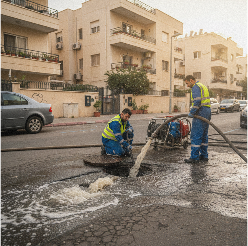 פתיחת סתימות בביובית בפתח תקווה – שטיפת קווי ביוב בלחץ מים גבוה על ידי צוות מקצועי.