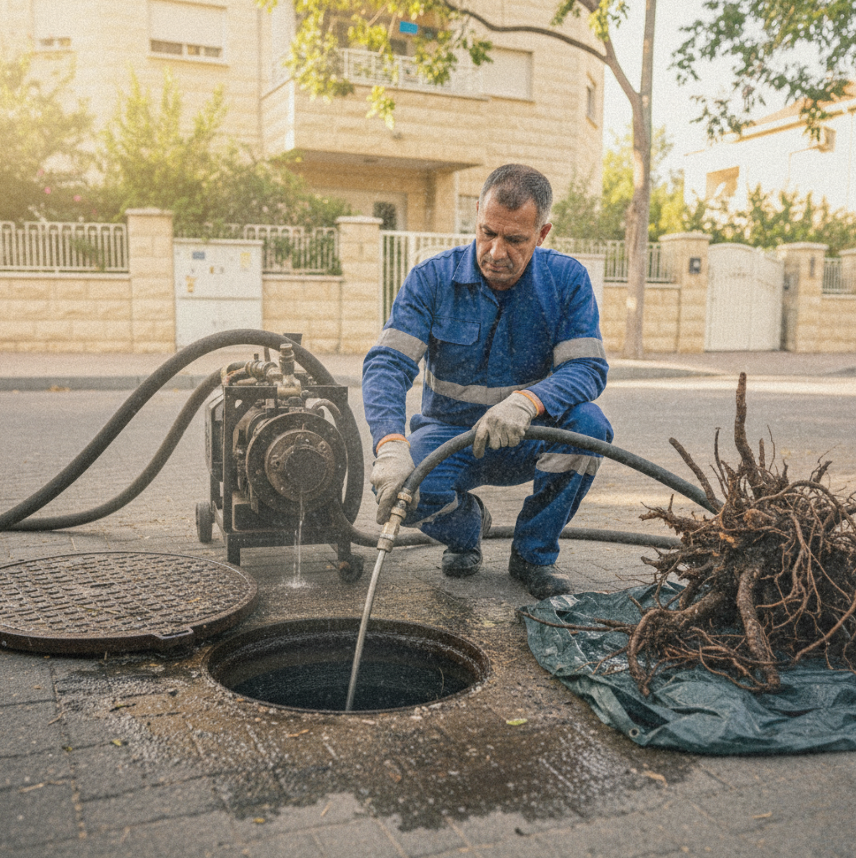 חיתוך שורשים בביוב עם ביובית בפתח תקווה – הסרת שורשים מהצנרת בלחץ מים גבוה עם דיזות כריתה.