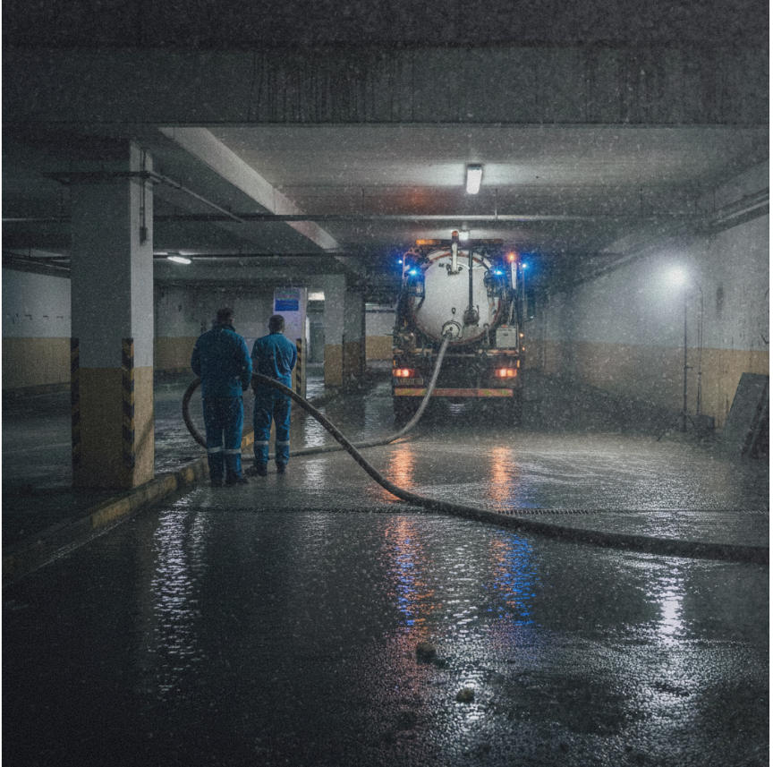 שאיבת הצפה בחניון בפתח תקווה ברחוב ז'בוטינסקי – ביובית נמוכה לשאיבת מים במפלס תת קרקעי.