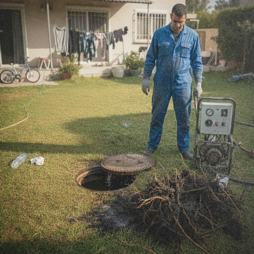 צוות ביובית מקצועי מבצע חיתוך שורשים בביוב בגינה של בית פרטי בפתח תקווה באמצעות צינור לחץ גבוה ודיזה ייעודית.